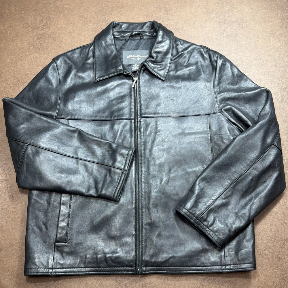 VTG Eddie Bauer Leather Harrington Jacket Men's Large Black 90's Full Zip MINT!!